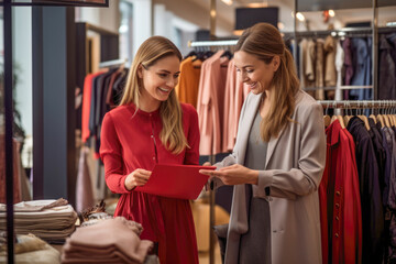Shopping is a joy when you have the guidance of a fashion stylist and expert. A cheerful young woman gets personalized assistance in a boutique