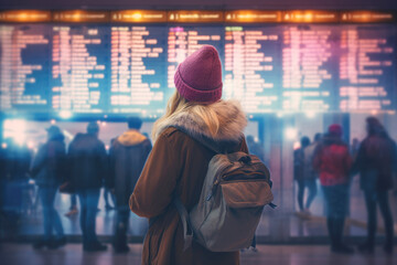 A traveler at the airport, looking at the timetable display for their flight schedule during the Christmas holiday season.