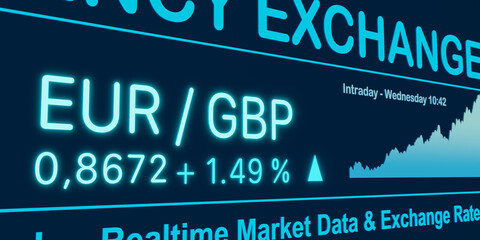 Fototapeta na wymiar EUR - GBP currency exchange rate up. Euro rises against British pound . Currency trading, business, economy, profit. 3D illustration