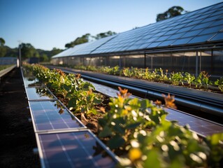 Fototapeta premium solar panels installed on greenhouses, representing the commitment to environmental care through renewable energy sources. This eco-friendly approach highlights the integration of solar energy.