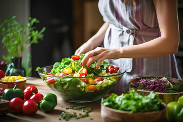 A female chef creating a nutritious and delicious meal with fresh vegetables in her kitchen.