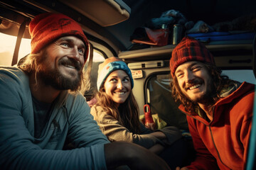 Happy smiling friends enjoying vacation together inside a camper van. Travel, vacation and freedom concept