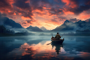 Young woman kayaking in crystal lake background alps mountains, woman canoe with mountains on a...