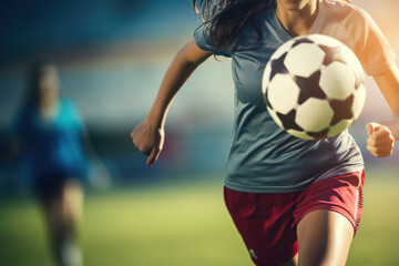 Obraz na płótnie Canvas Female soccer player with ball close up