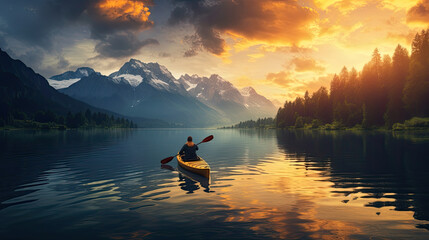 Young woman kayaking in crystal lake background alps mountains, woman canoe with mountains on a lake at sunset - obrazy, fototapety, plakaty