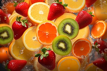 fruits on a white background. Kiwi, berries and oranges rich in vitamin C