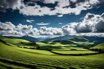 Delight in the serenity of a spring panoramic landscape, where the sky is adorned with fluffy clouds floating gracefully over a vast green field. 