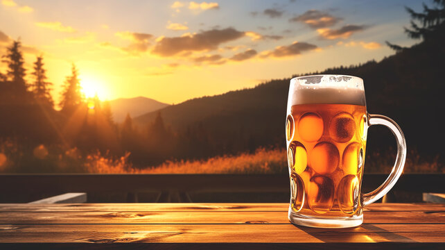 A mug full of beer and foam on a wooden table against a background of sunset scene in the mountains. Image created by Generative AI