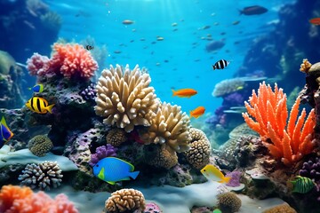 Naklejka na ściany i meble coral reef in sea. coral reef with fish and coral. coral reef in the sea. Underground marine life