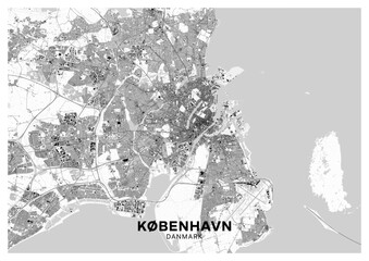 Copenhagen map. Detailed light map poster of Copenhagen (Denmark). Natural features (lakes, rivers), various types of roads and buildings are grouped separately.