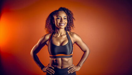 African American Woman in Sports Bra Posing against Orange Background. Fitness and Active Lifestyle Concept