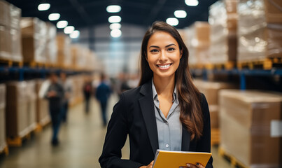 A candid portrait of a confident female manager. Intend to work in manager in a distribution center warehouse, The background is a distribution center warehouse atmosphere, Generative AI - obrazy, fototapety, plakaty