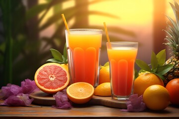 orange juice and fruits. healthy living concept