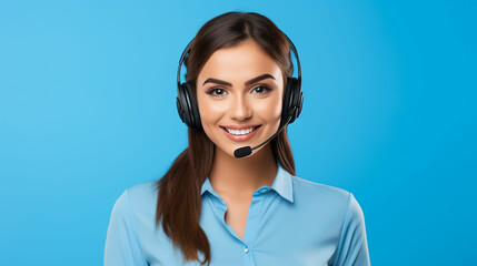 Portrait of attractive trendy cheerful girl help desk service showing copy space isolated over bright blue color background. Made with generative ai