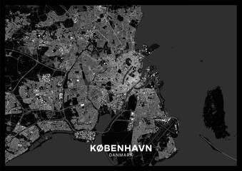 Copenhagen map. Detailed dark map poster of Copenhagen (Denmark). Natural features (lakes, rivers), various types of roads and buildings are grouped separately. - 679078706