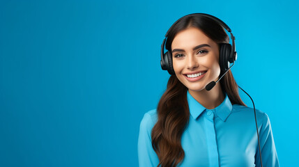 Portrait of attractive trendy cheerful girl help desk service showing copy space isolated over bright blue color background. Made with generative ai