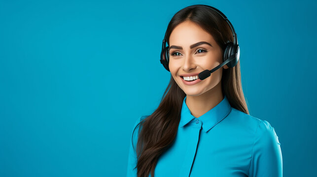 Portrait of attractive trendy cheerful girl help desk service showing copy space isolated over bright blue color background. Made with generative ai