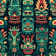 Tiki colorful mask pattern banner. Textile ethnic print south fabric. Generate Ai