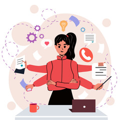 Girl in flat style. White background. Notes, negotiations, business. Internet. Trendy person. Character. Businesswoman. Isolated. Multitasking. Importance.