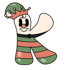 Letter K cute 60s 70s groovy retro vintage smiley elf cartoon font winter alphabet merry christmas xmas festive clipart