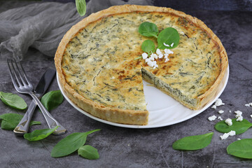 Delicious Quiche pie with cottage cheese and spinach filling