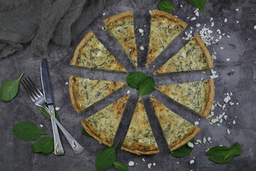 Delicious Quiche pie with cottage cheese and spinach filling