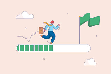 Improvement concept. Business step or career path, progress or journey to success or achieve goal. Ambitious businessman run on progress bar to achieve success flag. Flat vector illustration.