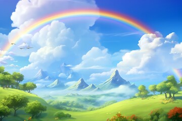 landscape with rainbow and clouds. rainbow over green field. Landscape with a rainbow