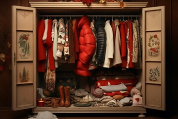 Open wardrobe with winter clothes. Home dressing room cupboard with organized warm clothing....