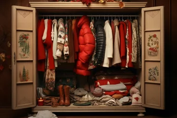 Fotobehang Open wardrobe with winter clothes. Home dressing room cupboard with organized warm clothing. Generate ai © nsit0108
