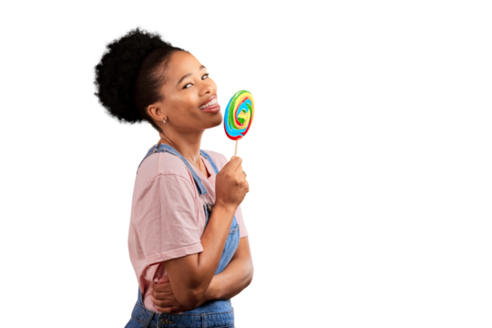 Portrait, smile and a black woman with a rainbow lollipop isolated on a transparent background. Candy, sugar and sweets with a happy young african person eating or licking a colorful snack on PNG