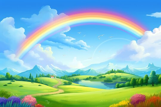 rainbow over green field. Landscape with a rainbow