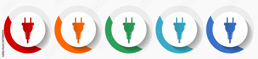 Fototapete plug, electricity vector icon set, flat design colorful round energy icons in 5 color options for we