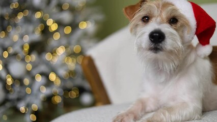 The dog is sitting on the sofa. A pet in a red Santa hat against the background of a decorated fir tree. Jack Russell Terrier greets guests at the New Year's house. Christmas holiday concept