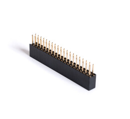 40-Pin GPIO connector header isolated on white background. 2x20 pins Raspberry Pi stacking female header. Straight extender for PCB, HATs board