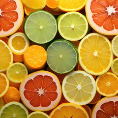 A close up of a bunch of oranges and limes. Generative AI.