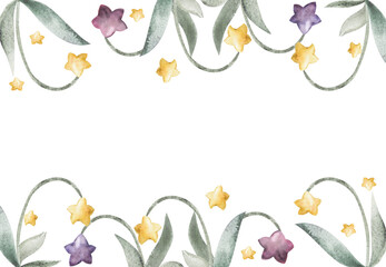 Fototapeta na wymiar Watercolor hand drawn illustration, magical star flowers with textured effect. Border corner frame Isolated on white background. For kids, children bedroom, fabric, linens print, invitation, card art