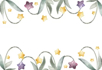 Foto op Canvas Watercolor hand drawn illustration, magical star flowers with textured effect. Border corner frame Isolated on white background. For kids, children bedroom, fabric, linens print, invitation, card art © Elena