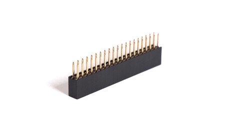 40 Pin GPIO connector header isolated on white background. 2x20 pins Raspberry Pi stacking female header. Straight extender for PCB, HATs board