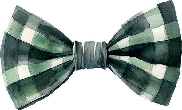 Plaid bow in deep green color, watercolor vector illustration and christmas element. Template for gift decoration, greeting cards, invitation, wedding card, save the date, celebration, anniversary.