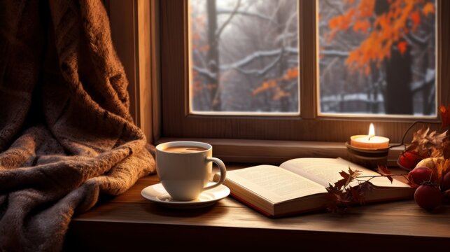 A cozy image that evokes autumn and winter time in front of the window with a book and a cup of coffee