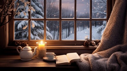 Fototapeta na wymiar A cozy image that evokes autumn and winter time in front of the window with a book and a cup of coffee