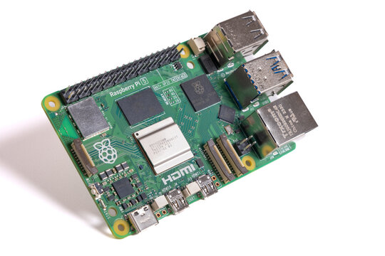 Raspberry Pi 5 isolated on white background. Single-board computer - SBC. Computer built on a single circuit board. RPi Model 5.  Istanbul, Turkey - 16 November, 2023