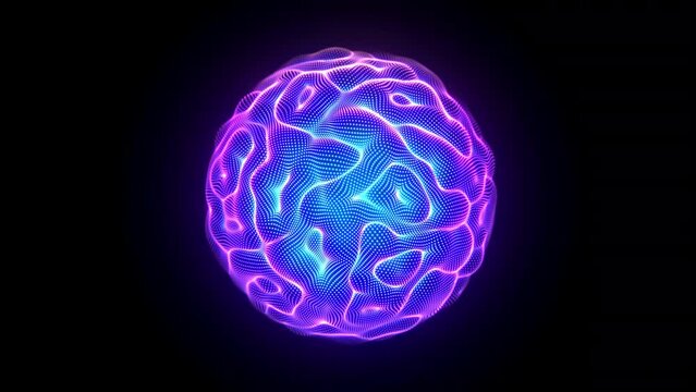 Neon glowing 3D sphere with waving pixelated AI brain-like surface on black background. Abstract concept of artificial intelligence, big data or digital sound waves. Looped video of plasma matter