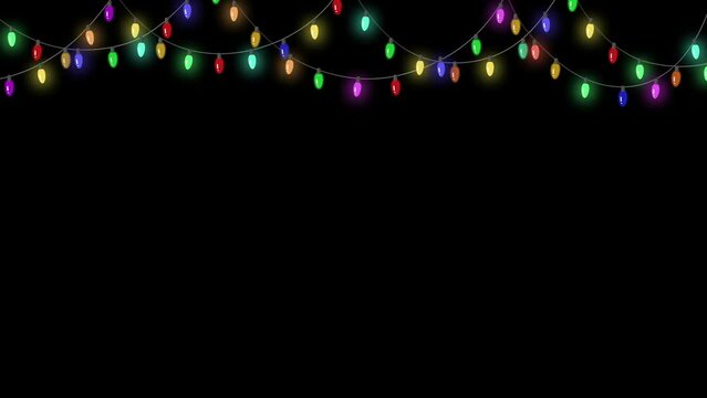 Christmas colorful lights garlands on black background. Looped animation of glowing light bulbs. 4k