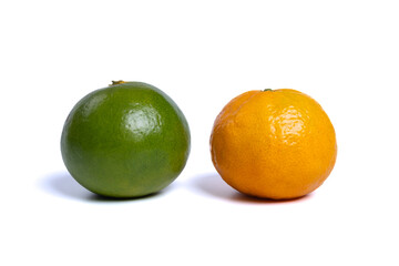 Orange and green tangerine fruit isolated on white background. Mandarin orange. Close up