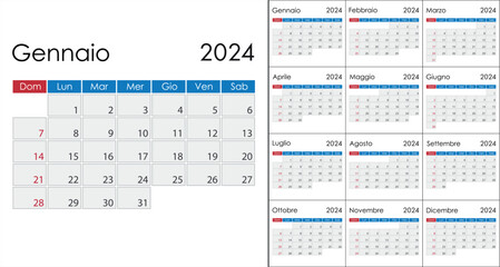 Calendar 2024 on italian language, week start on Sunday - obrazy, fototapety, plakaty