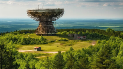 Giant Radar Dish in Forest Clearing on Sunny Day