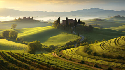 Idyllic Tuscan Landscape with Rolling Hills at Dawn