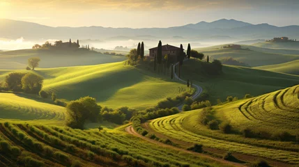Gordijnen Idyllic Tuscan Landscape with Rolling Hills at Dawn © ArgitopIA